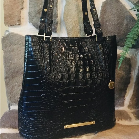 BRAHMIN LARGE CROC EMBOSSED LEATHER BUCKET BAG BLACK MELBOURNE - Picture 2 of 10